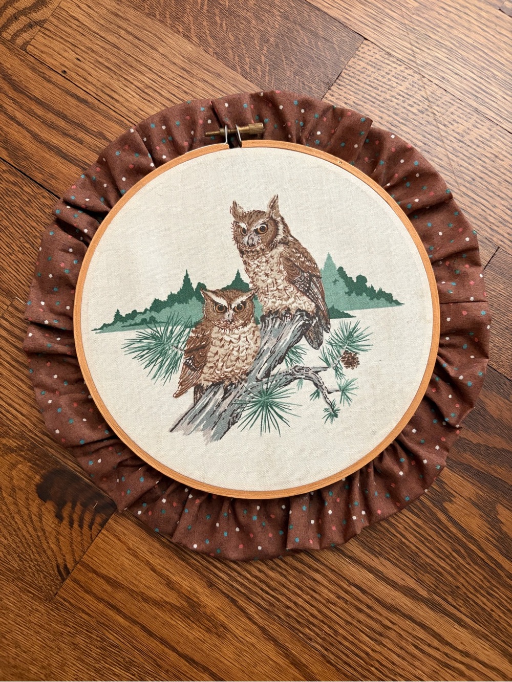 Vintage Owl Embroidery Hoop Printed Wall Hanging Brown Ruffled Border